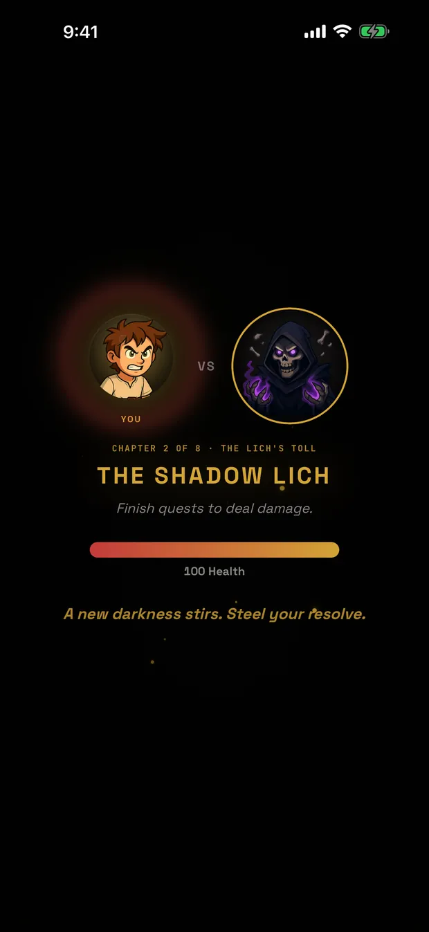 Boss fight screen with The Shadow Lich at 100 health